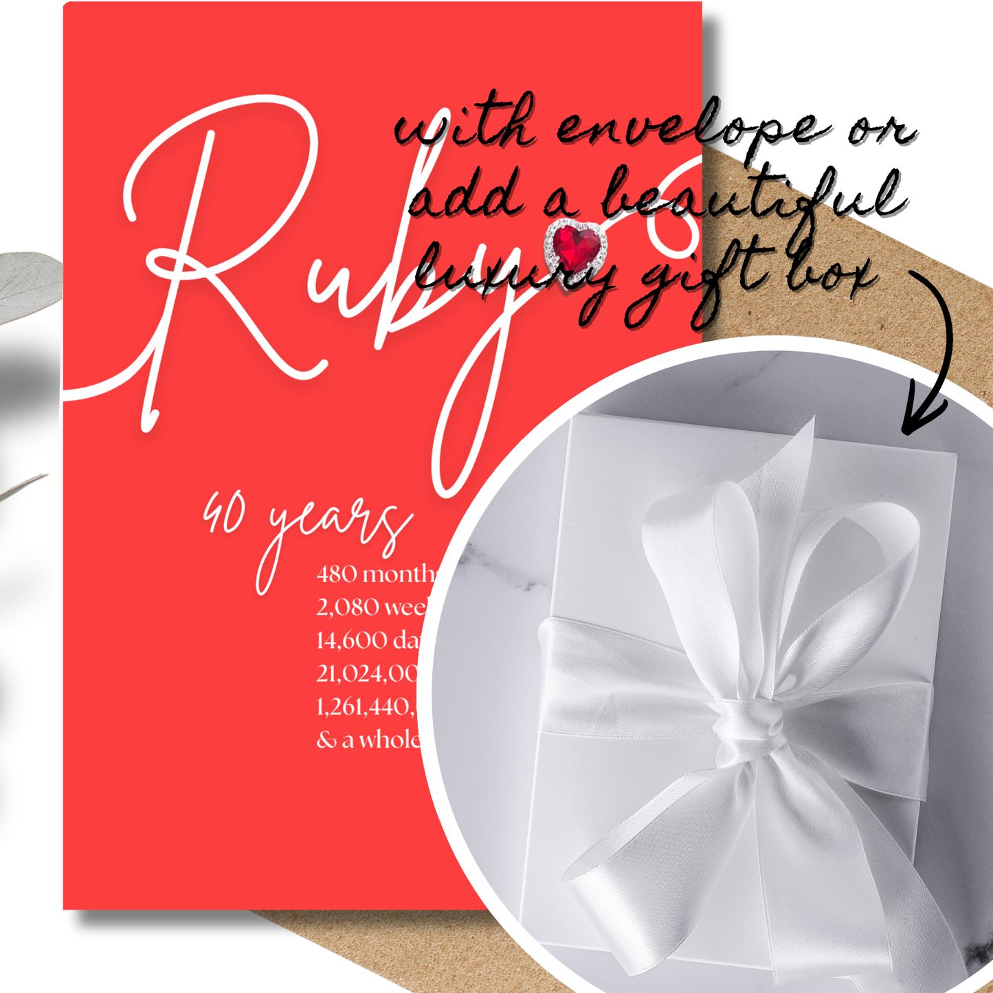 Red 40th anniversary card with 'Ruby 40 years' text and a white gift box with bow.