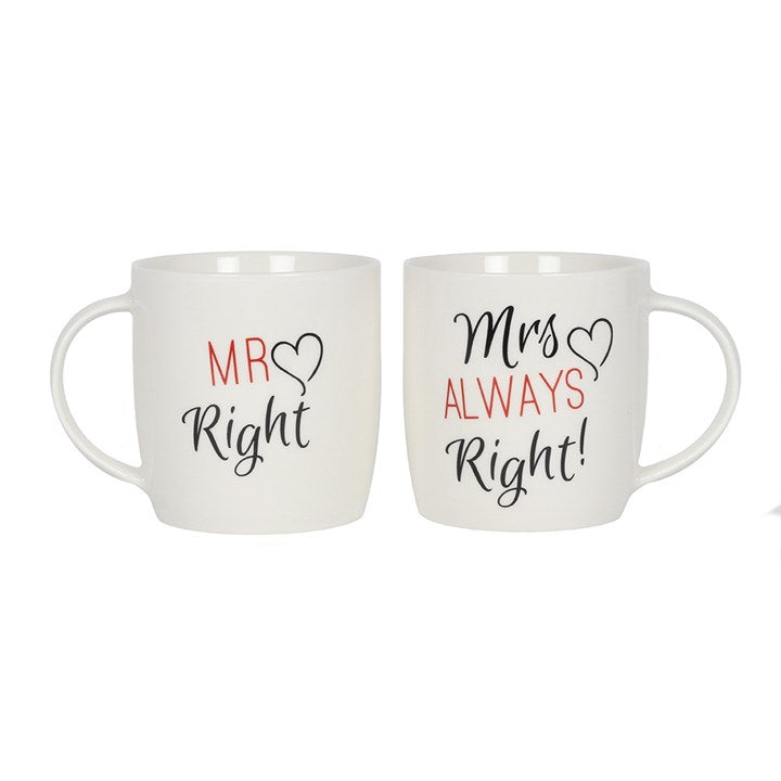 Two white mugs with 'Mr Right' and 'Mrs Always Right' text on a white background