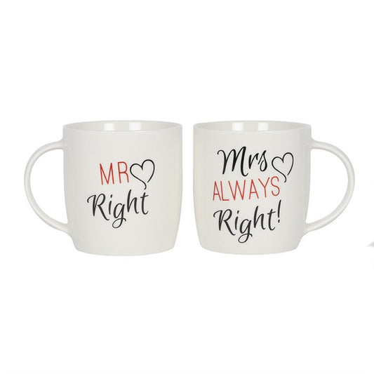 Two white mugs with 'Mr Right' and 'Mrs Always Right' text on a white background