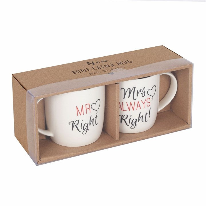 Two white mugs with 'Mr Right' and 'Mrs Always Right' text in a cardboard box packaging.