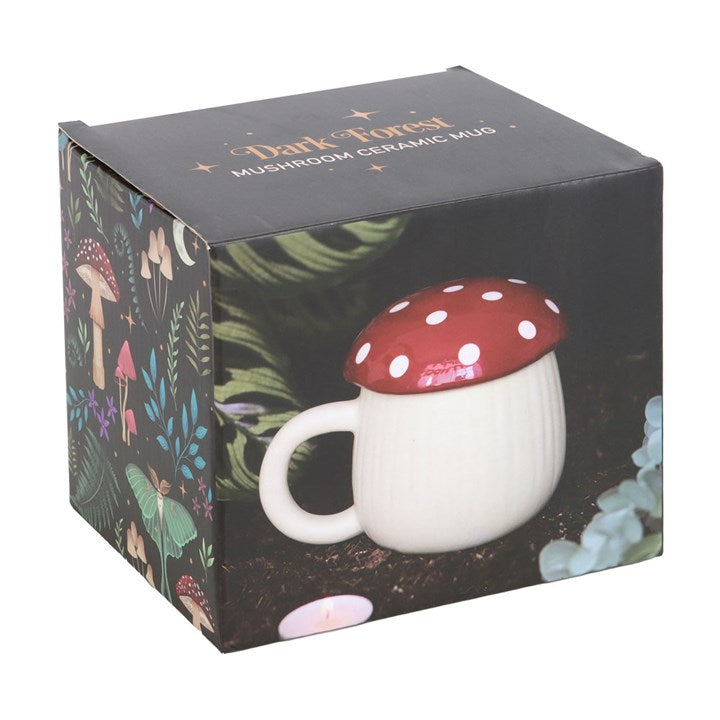 Mushroom-shaped ceramic mug in a decorative box with forest-themed design