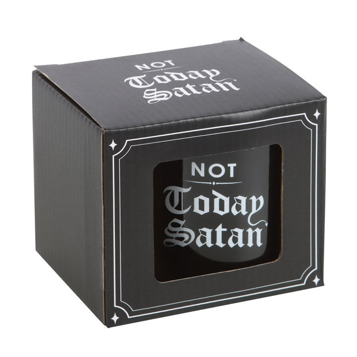Black mug with 'Not Today Satan' text in a decorative box on a white background