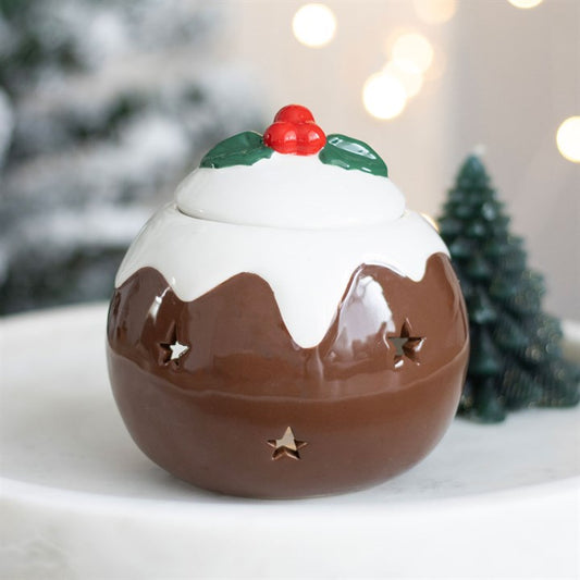 Ceramic Christmas pudding ornament with a snowy background