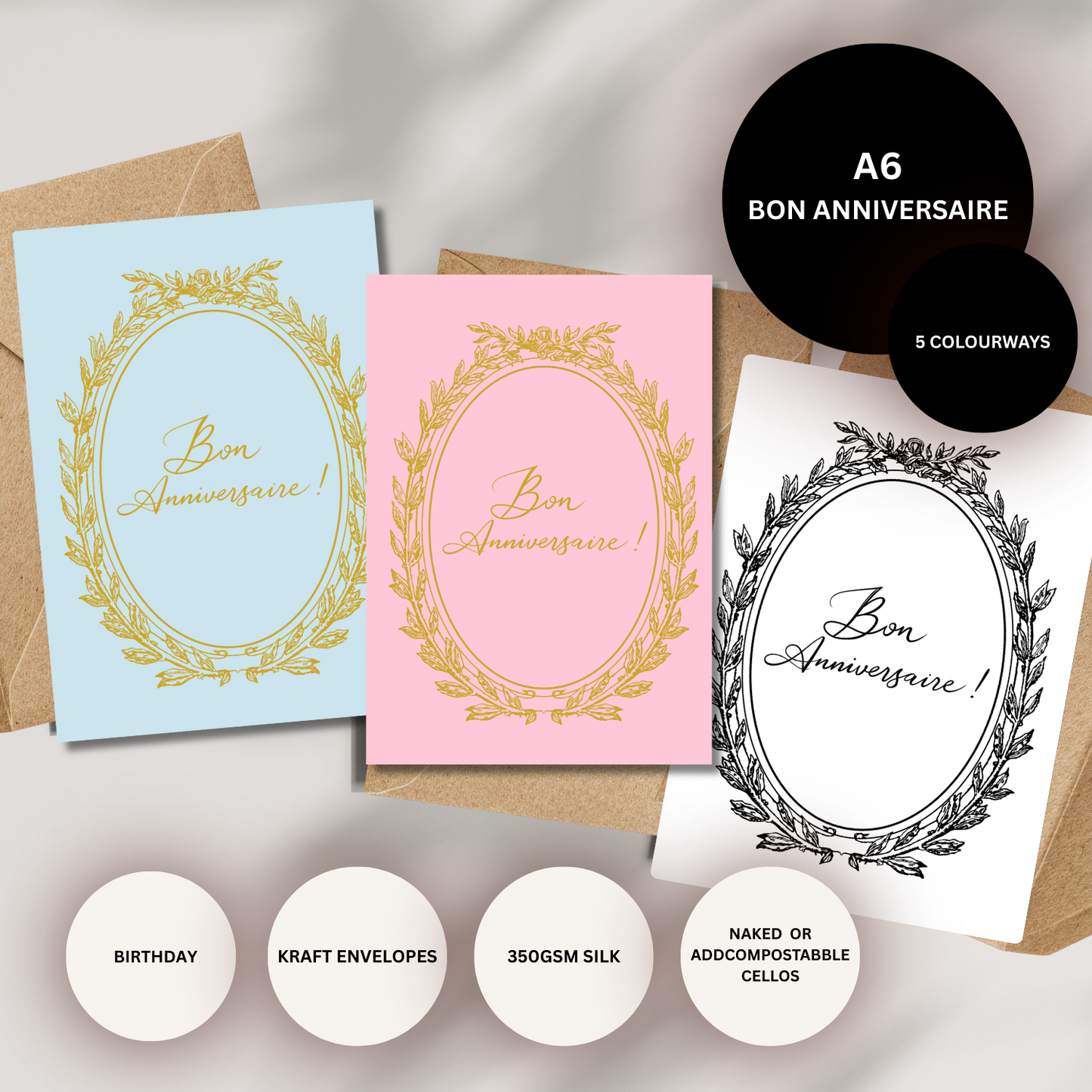 Bon Anniversaire Pink Birthday Card – Vintage French Style Pastel Gold Card