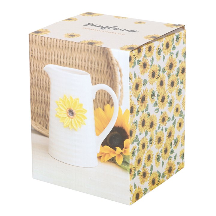 White ceramic pitcher jug with sunflower design in a decorative box