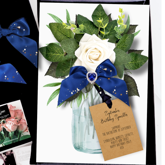 Piedras natales de septiembre con zafiro + tarjeta de regalo de cumpleaños con flores en caja de regalo 