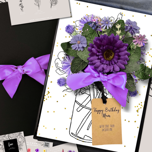 Floral aster card - the birth flower for September - designed with purple aster silk flowers that last forever and a bow, surrounded by flower meaning cards