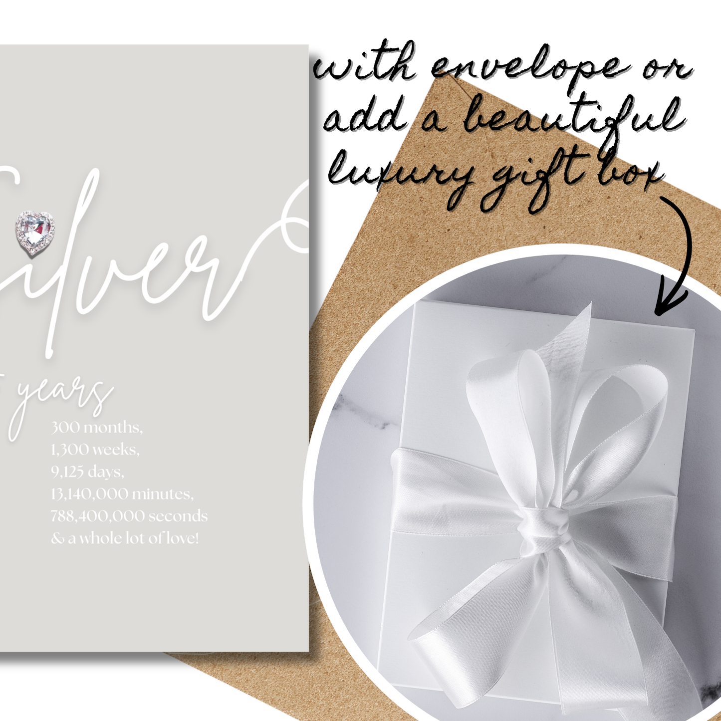Gift boxed 25th anniversary card with decorative bow
