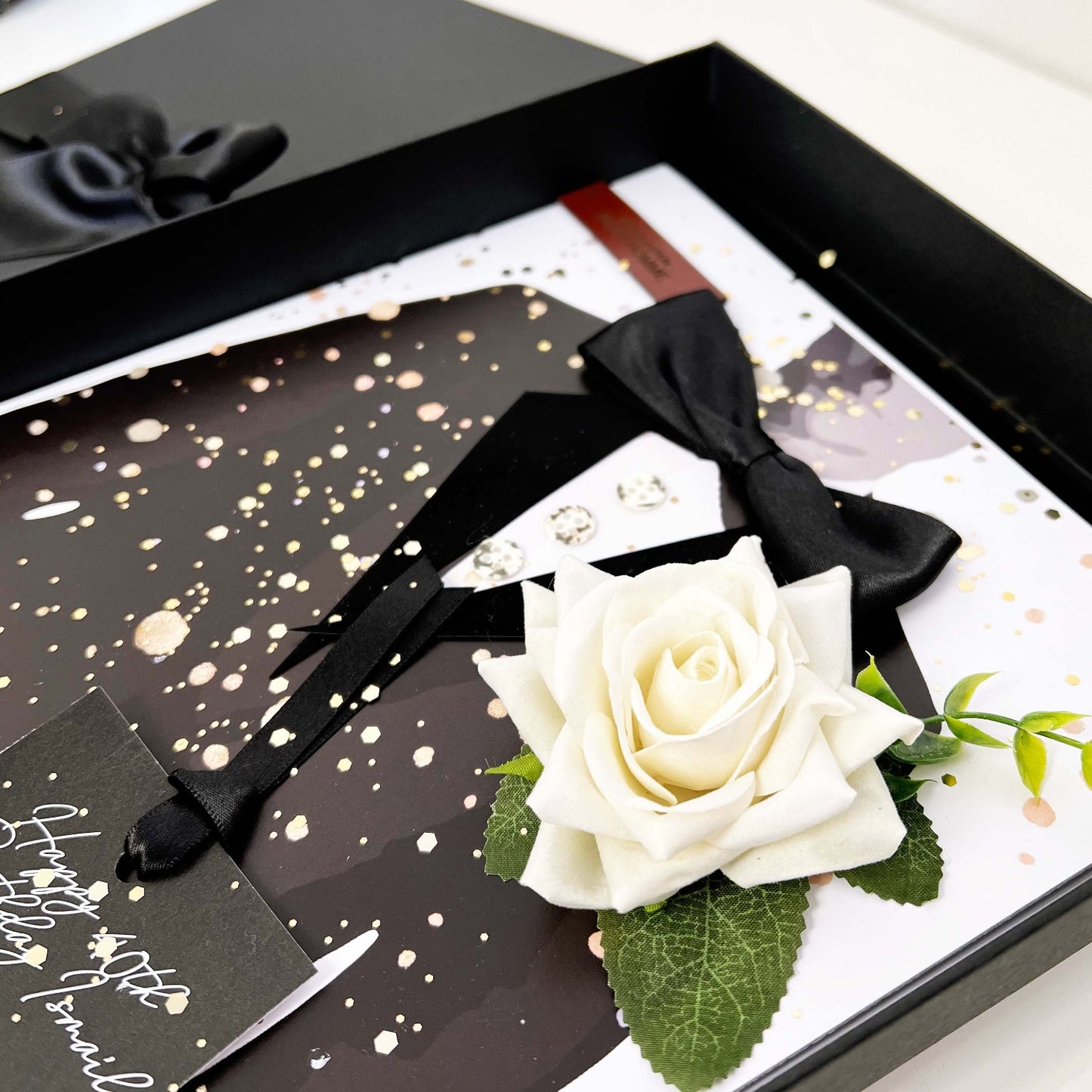 Ivory scented rose on mans tux card design - choose your own colour rose