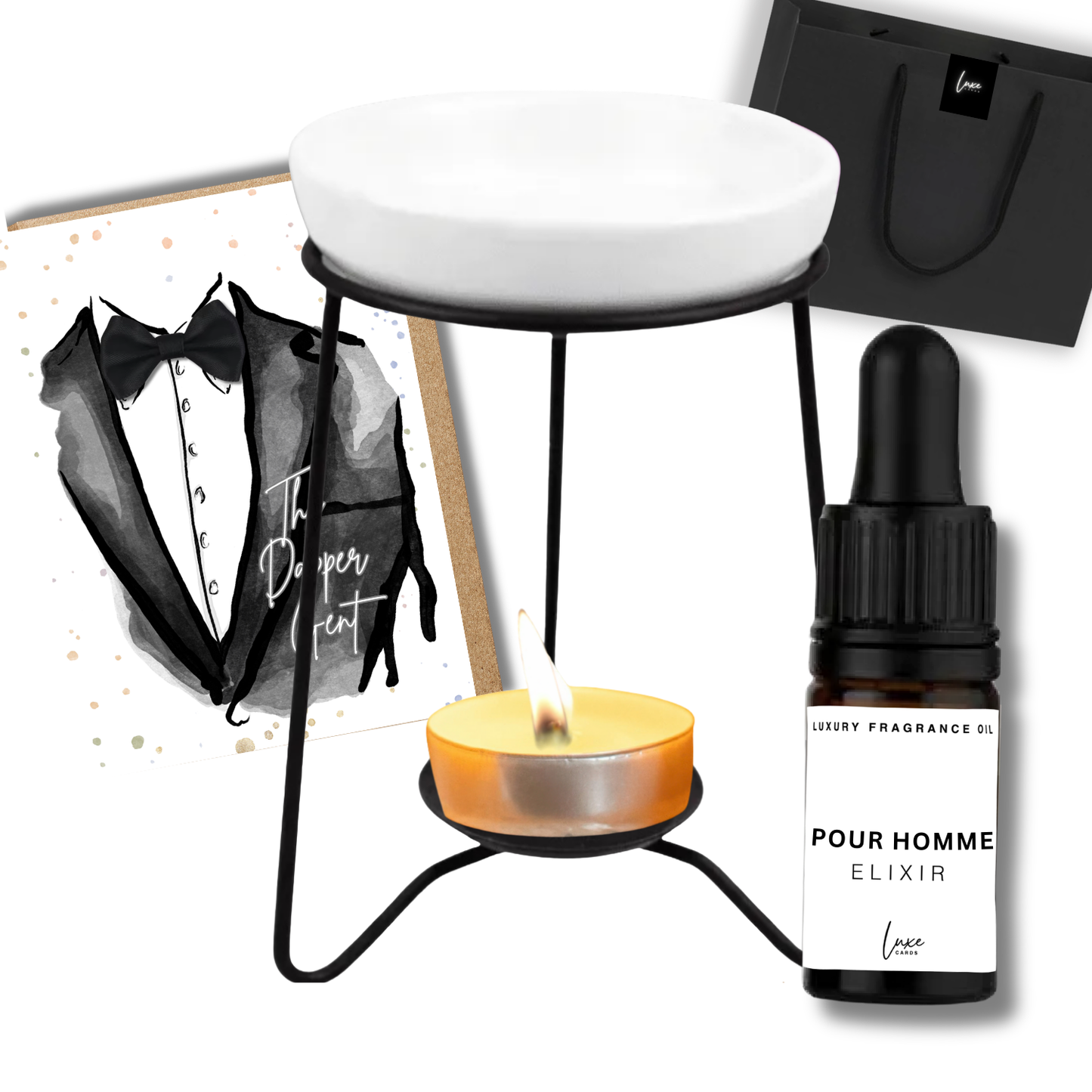 Home Fragrance Gift Set (incl. scented card, elixir & oil burner in gift bag)