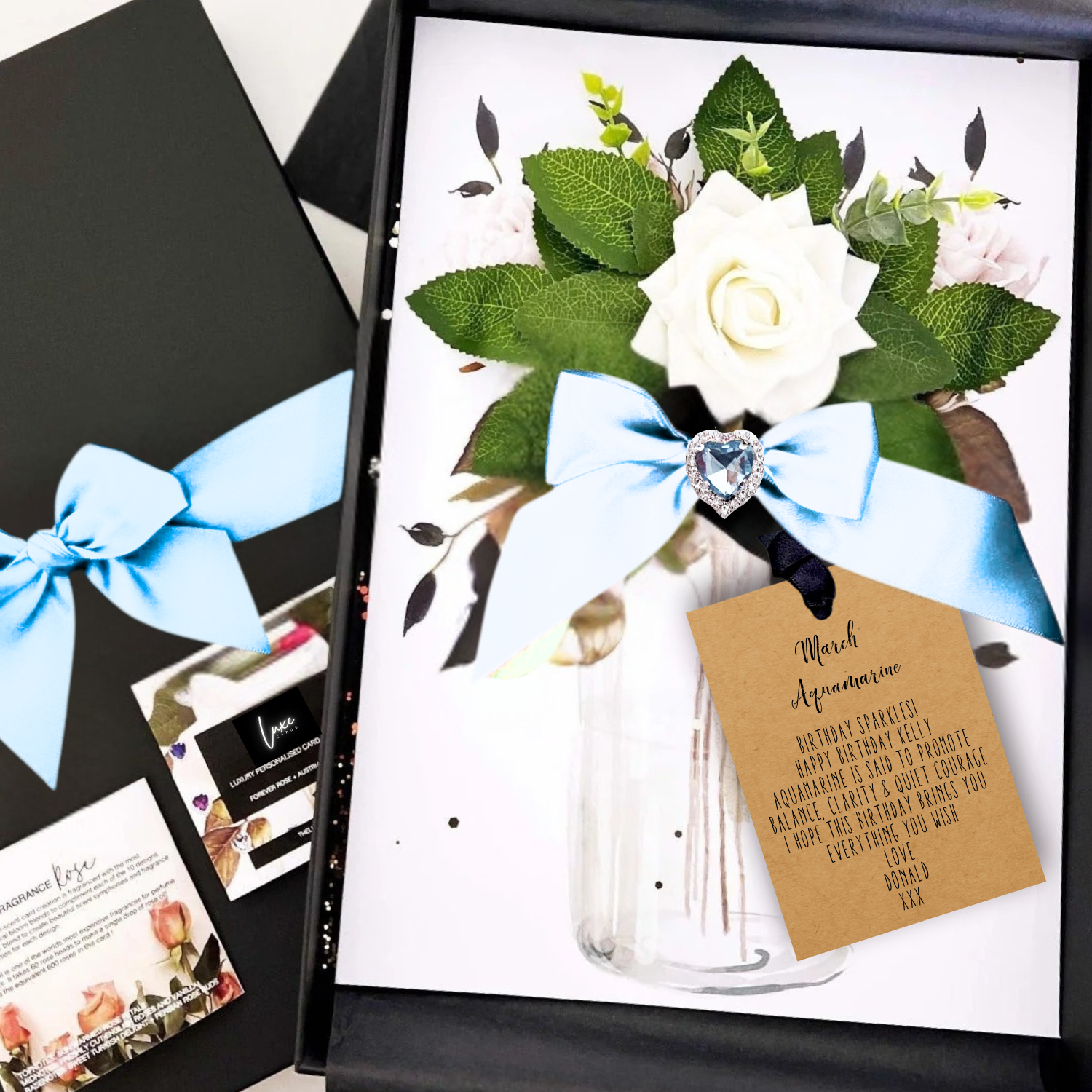 Luxury Aquamarine Birthstones Cards Gift Boxed A4 large cards handmade with everlasting ivory rose, fragranced in rose and handcrafted with blue ribbons and aquamarine crystals for a very special birthday card that's more like a gift for march birthdays 