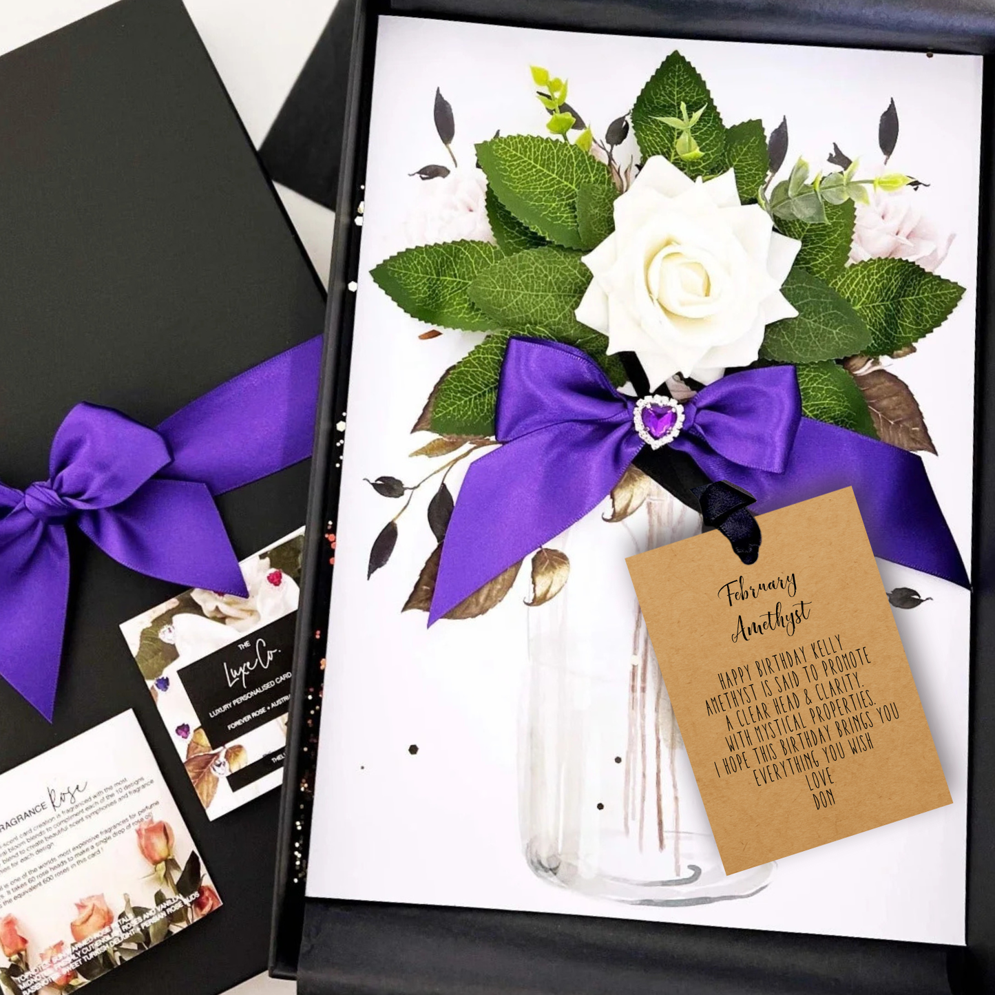 Luxury Amethyst Birthday Card - a personalised Birthstone + Flowers Gift Boxed Birthday Card set with flowers, purple ribbon in a black box