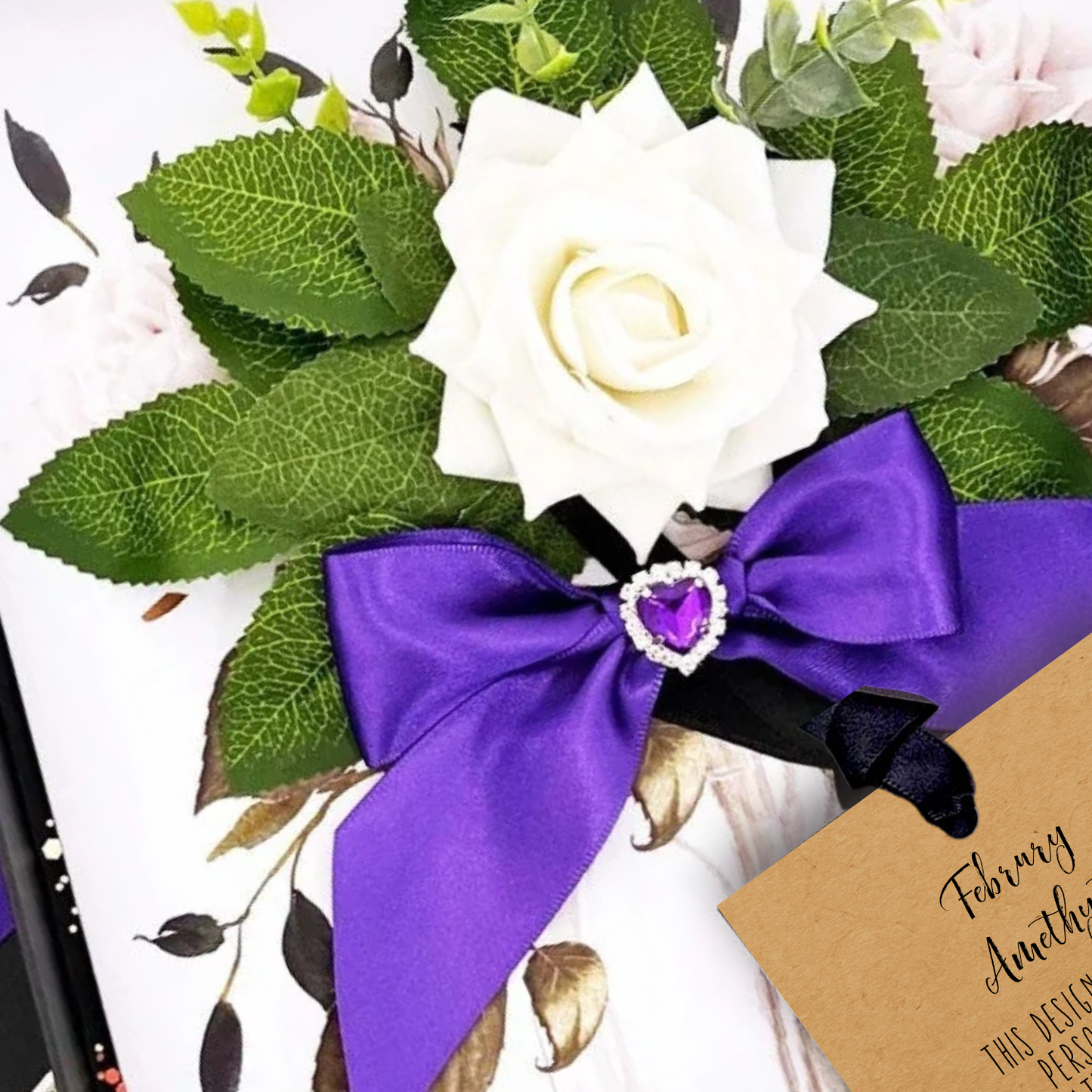 Handmade Amethyst February Birthstones + Flowers Boxed Birthday Gift Card - handcrafted as an everlasting Floral arrangement with a purple bow and heart detail with scented ivory rose that won't die