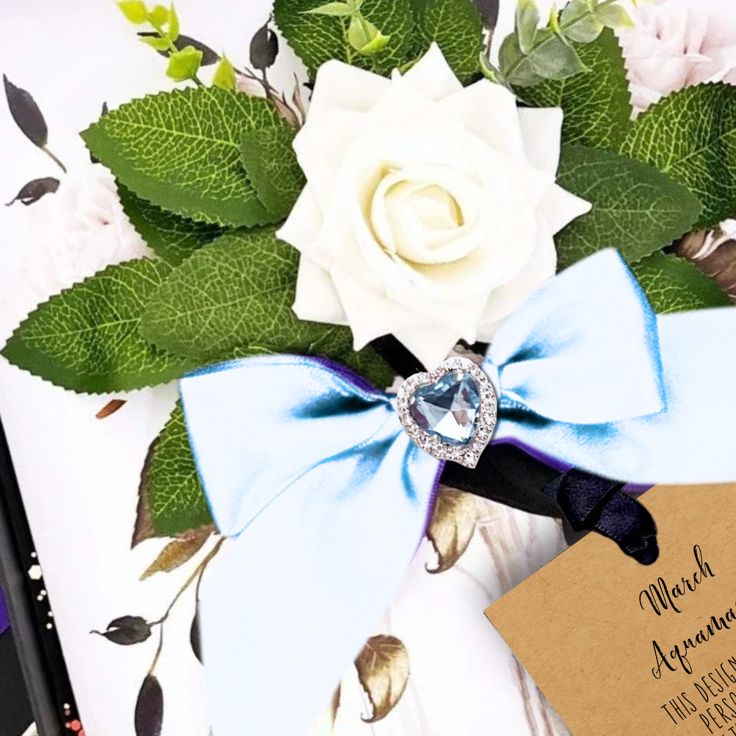 Handmade Aquamarine Birthstone Cards handmade with everlasting ivory rose, fragranced and aquamarine crystals, personalised. For a Luxury Gift Boxed A4 large cards it's got to be Luxe Cards UK!