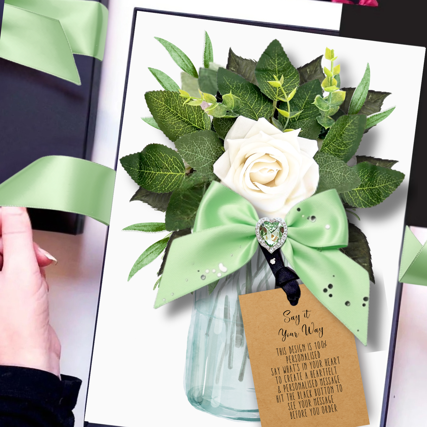 Piedras natales de agosto de peridoto + tarjeta de regalo de cumpleaños en caja de regalo con flores 