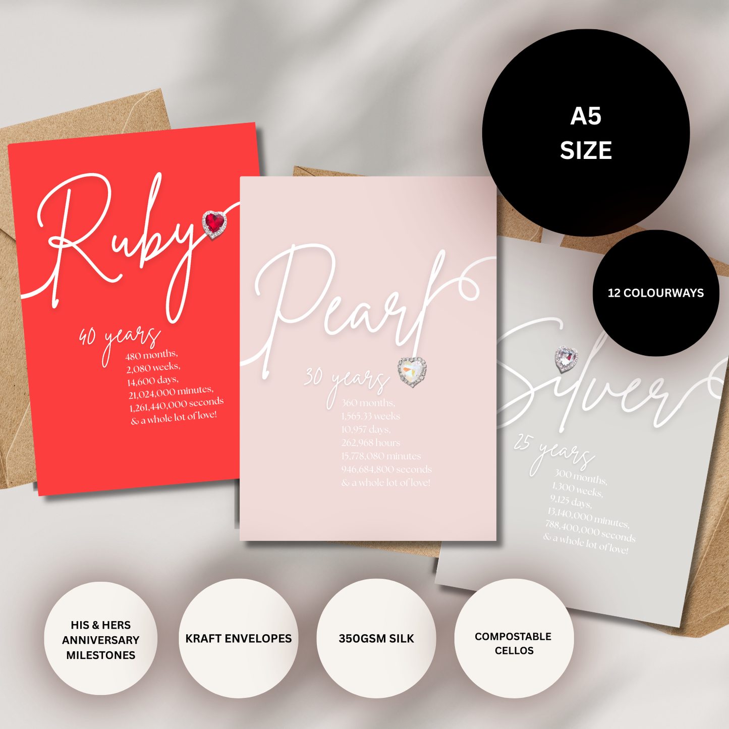 Three anniversary greeting cards with 'Ruby', 'Pearl', and 'Silver' calligraphy for wedding anniversary, with kraft envelopes and composable cellos handmade with crystal heart in anniversary colour