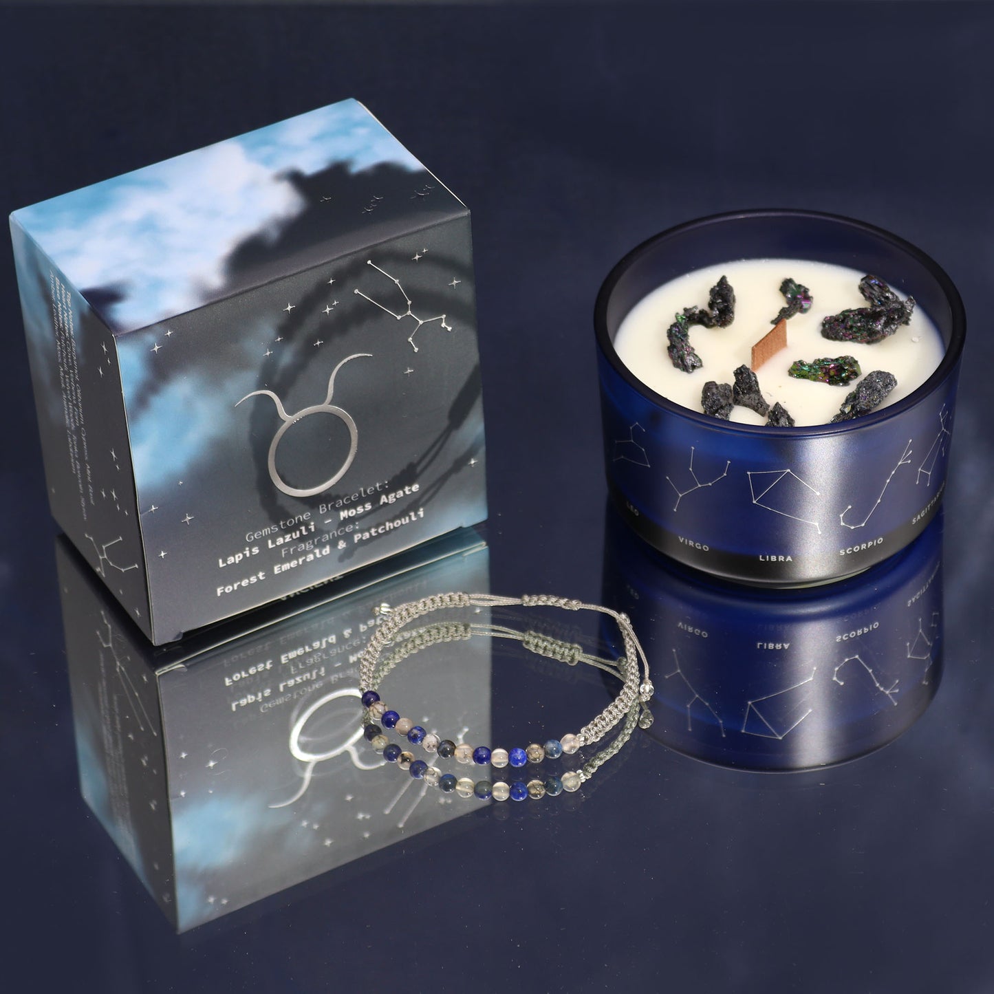 Zodiac Taurus Crystal Candle with Gemstone Bracelet Gift