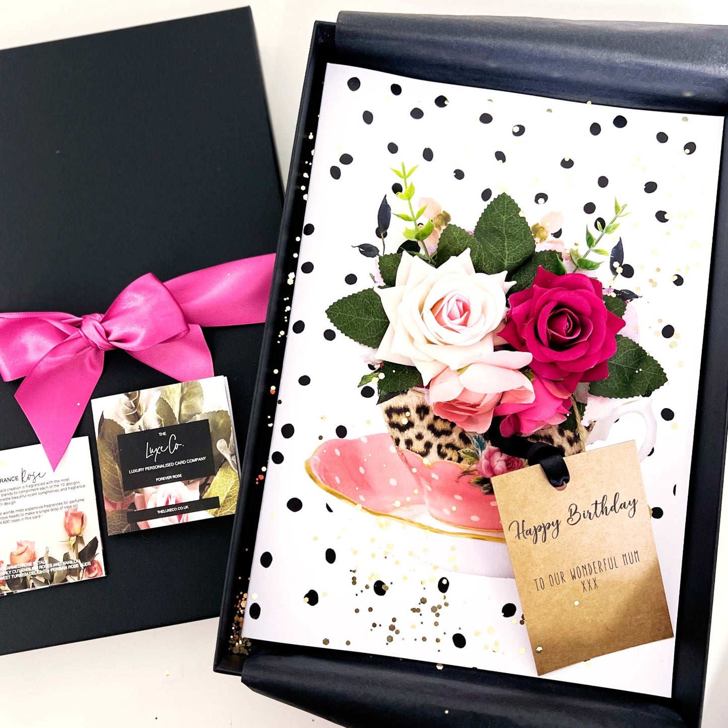 Ladies Leopard print Teacup and Roses Handmade luxury greetings card design