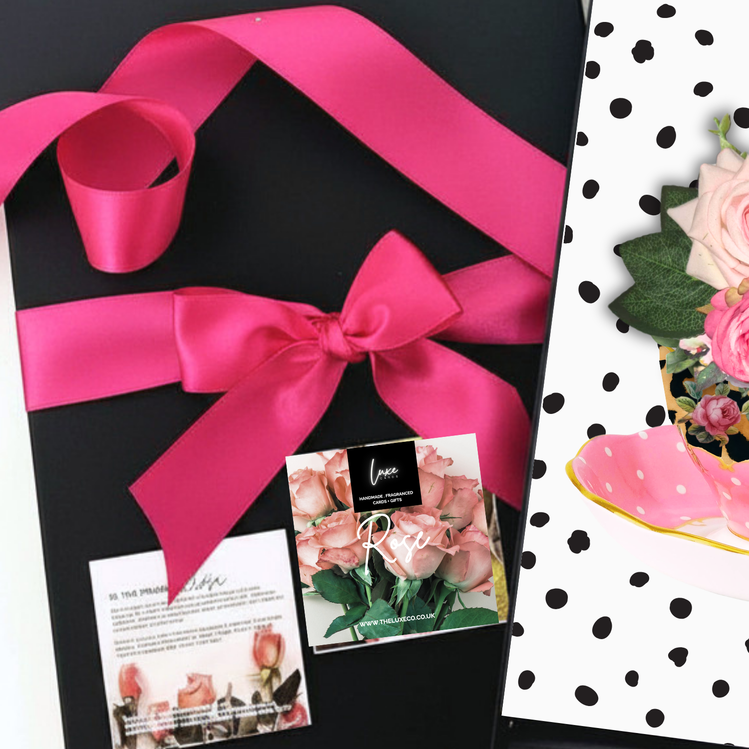 Gift Boxed Teacup Cards in Luxury black Gift Boxes tied with hot pink ribbon the ultimate luxury gift
