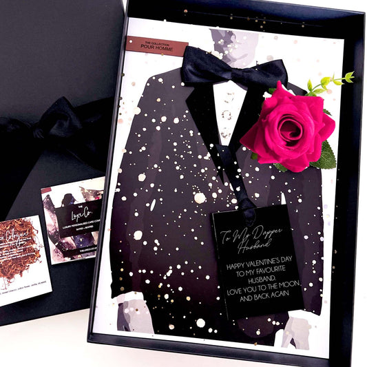 Tux Valentines Day Card for husband with hot pink rose- luxury personalised cards for him this valentines