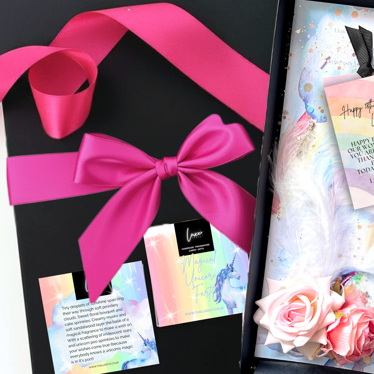 Unicorn cards come in A gift box set featuring a black box with your choice of satin bow. Shown here in a bright pink ribbon, a pastel unicorn-themed card, a small packaged item, and a decorative insert with feathers, flowers, and a colorful message card.