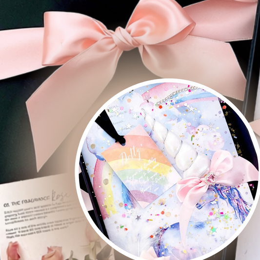 Luxury Unicorn cards coime in luxe 2 piece black gift box tied with your choice of chunky satin ribbon bow to make a luxury unicorn birthday gift for special occasions. Shown here with baby pink box bow