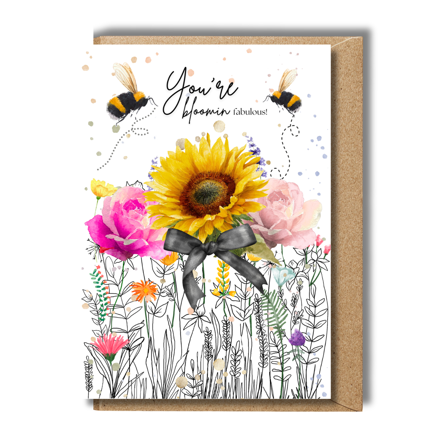 Flower mothers day card with wildflower garden illustration and recycled kraft envelope