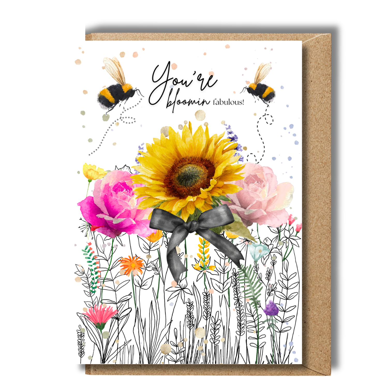 Flower mothers day card with wildflower garden illustration and recycled kraft envelope