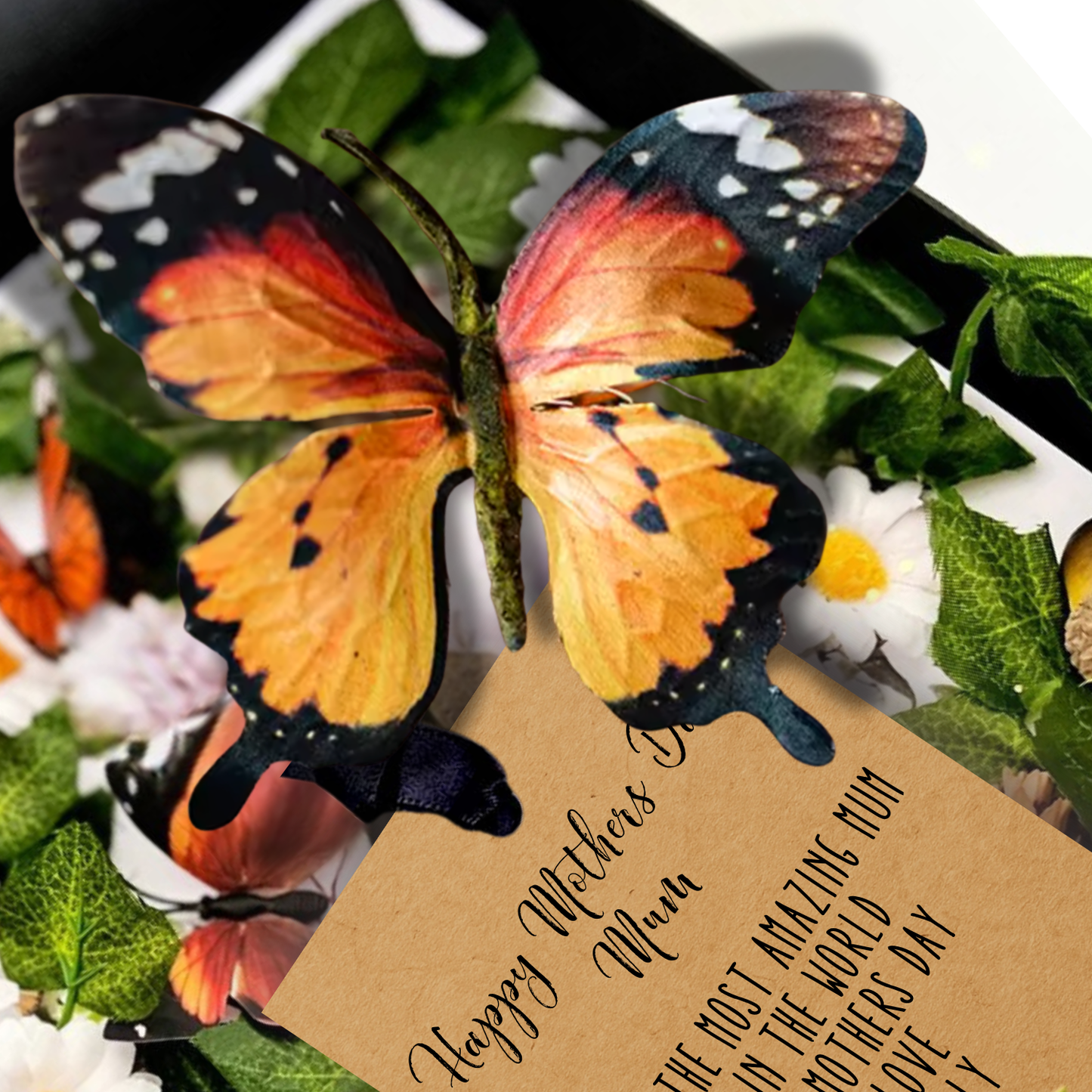 Personalised Butterfly Mothers Day Card handmade with velvet butterfly, 3d butterflies, silk flowers, and a tag reads 'Happy Mother's Day Mum' followed by personal printed message.