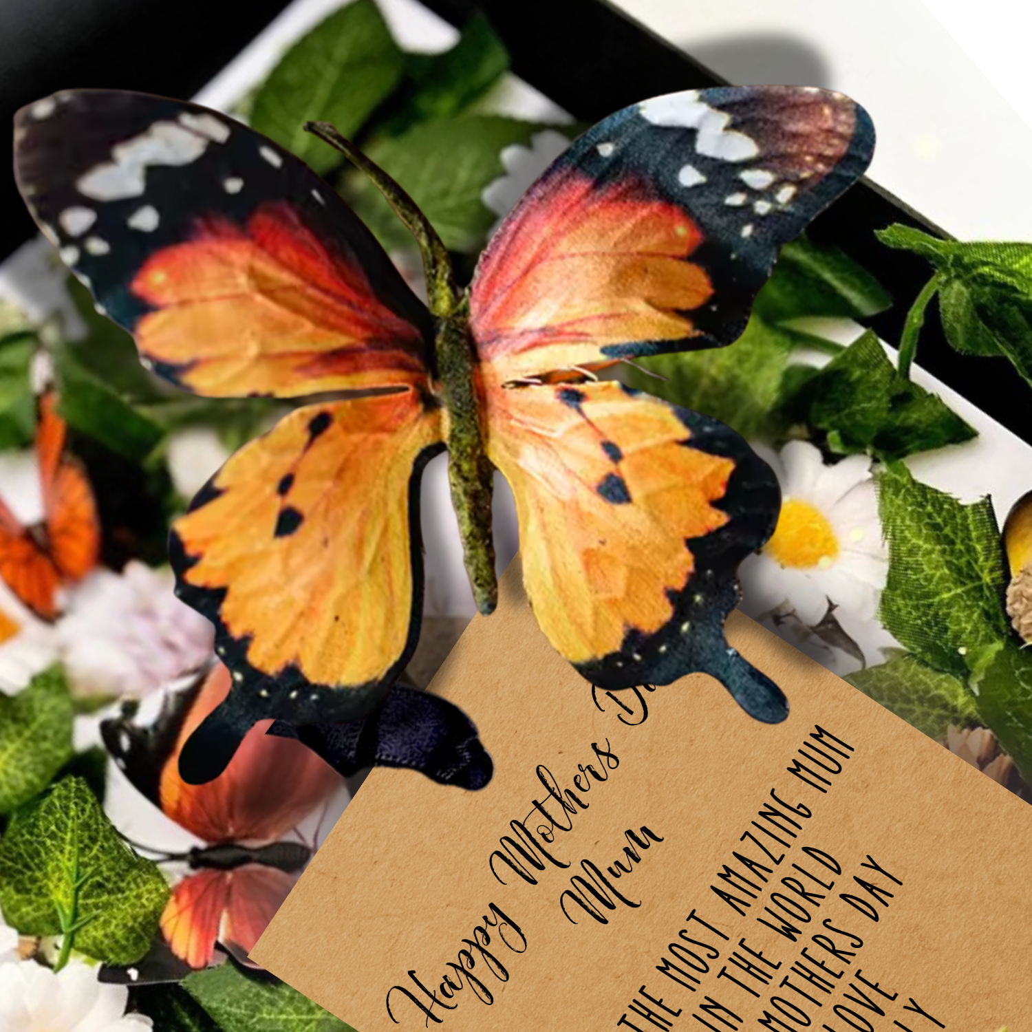 Personalised Butterfly Mothers Day Card handmade with velvet butterfly, 3d butterflies, silk flowers, and a tag reads 'Happy Mother's Day Mum' followed by personal printed message.