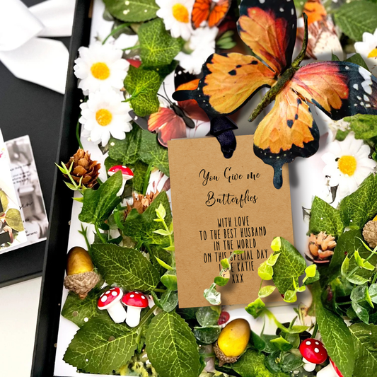 Personalised Butterfly Valentine's Card handmade with velvet butterflies, 3d butterflies, silk flowers, and a tag reads 'You Give me Butterflies' followed by personal printed message.