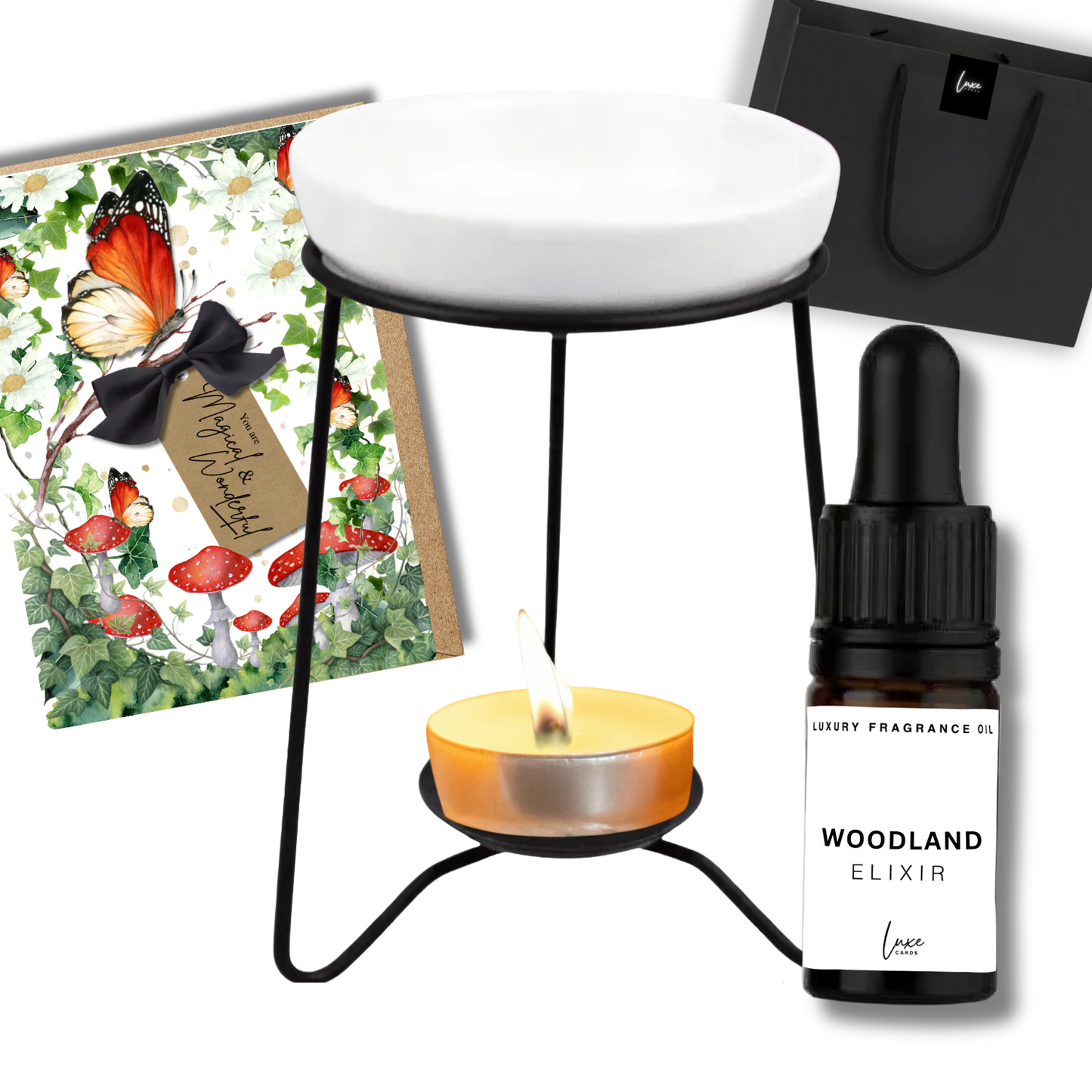 Home Fragrance Gift Set (incl. scented card, elixir & oil burner in gift bag)
