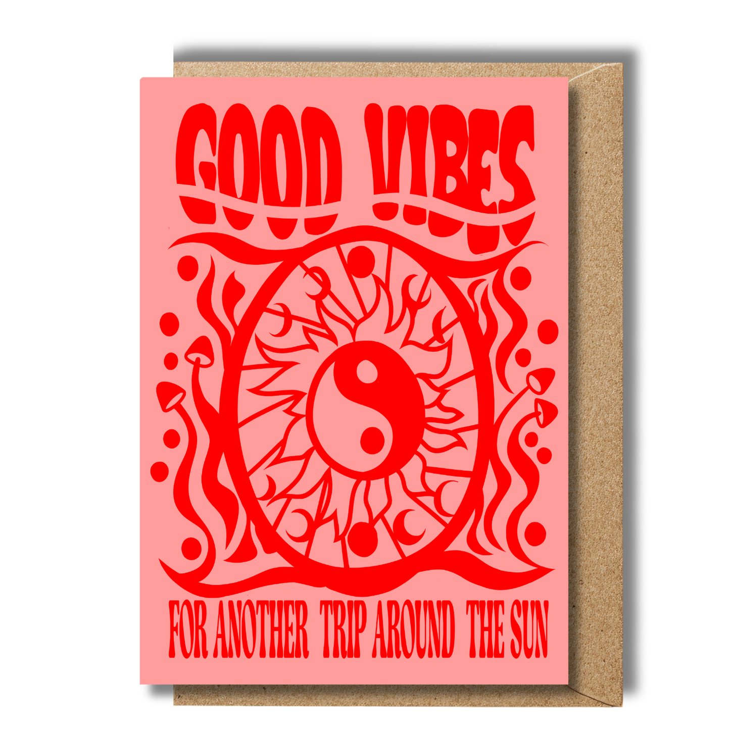 Flat lay of yin yang greeting card with psychedelic mushrooms and cosmic spiritual artwork.