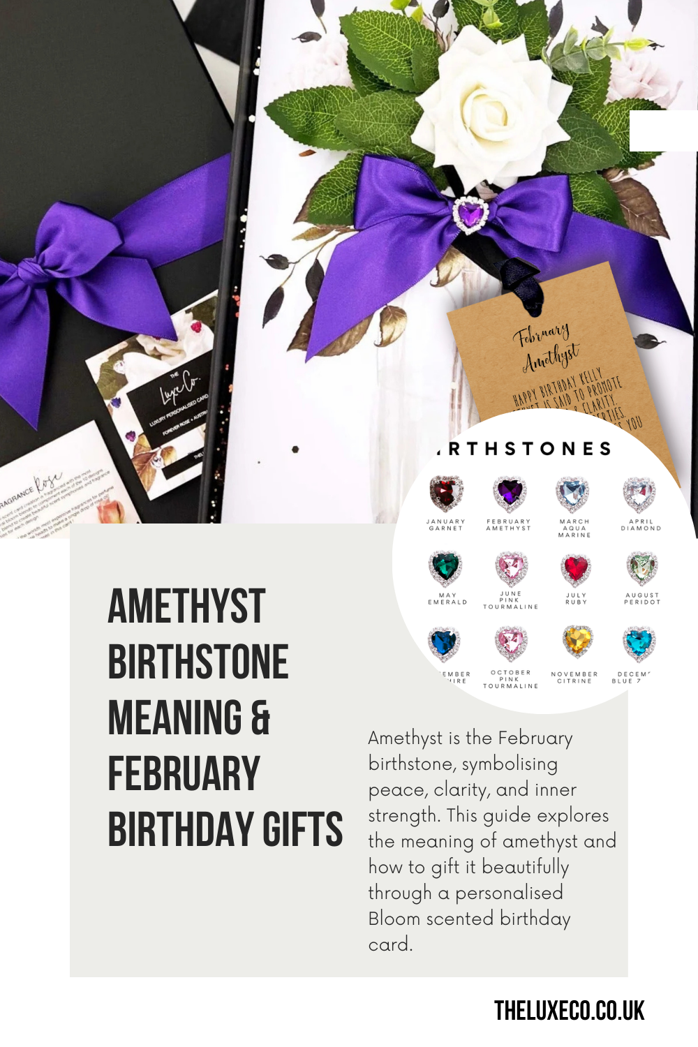 Amethyst birthstone meanings and matching luxury personalised birthday card handmade with flowers, amethyst heart and purple bow