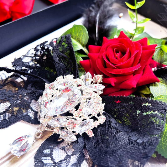 Art Deco Black Lace & Red Rose Bling Super Luxe Design