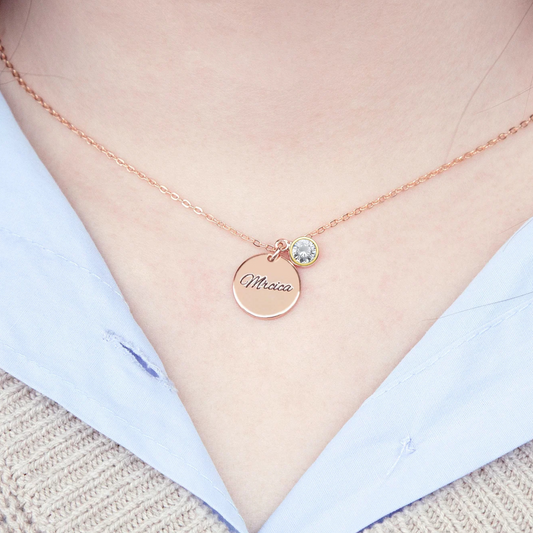 Personalized Rose gold engagement necklace with a round pendant and crystal gemstone on a light background for silver engaged gift with name, couples initials or engagement date or even say 'Love You' - anything goes as long as it's 8 characters or less