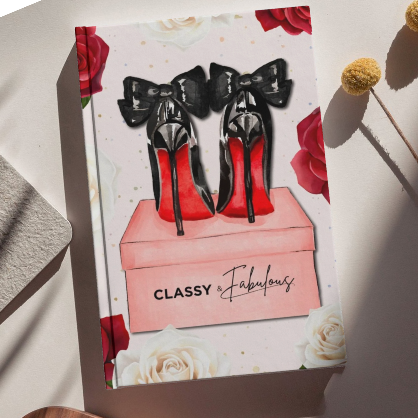 Black high heel shoe journal with red roses