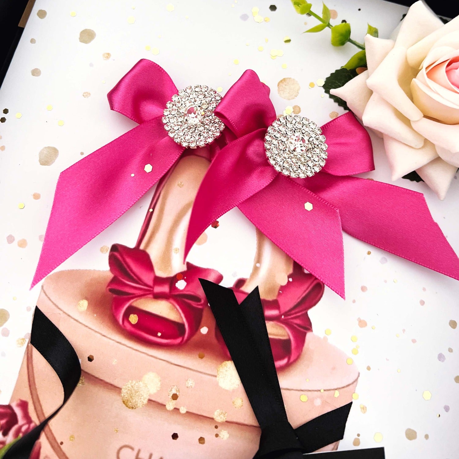Chanel High Heels Shoe Scented Card Design - cerise pink high heels, pink bows, diamantes, velvet roses