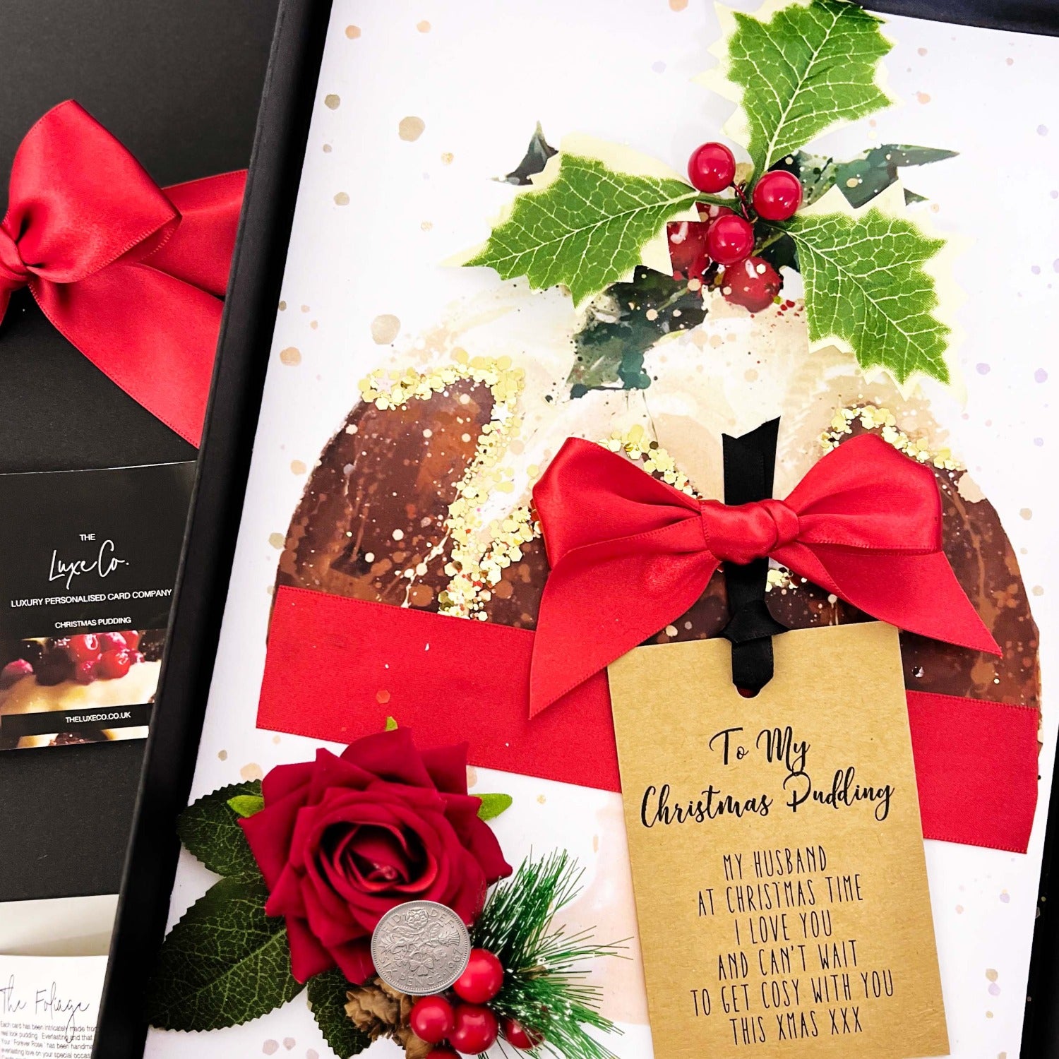 Luxury personalised Christmas pudding scented christmas gift boxed cards by The Luxe Co