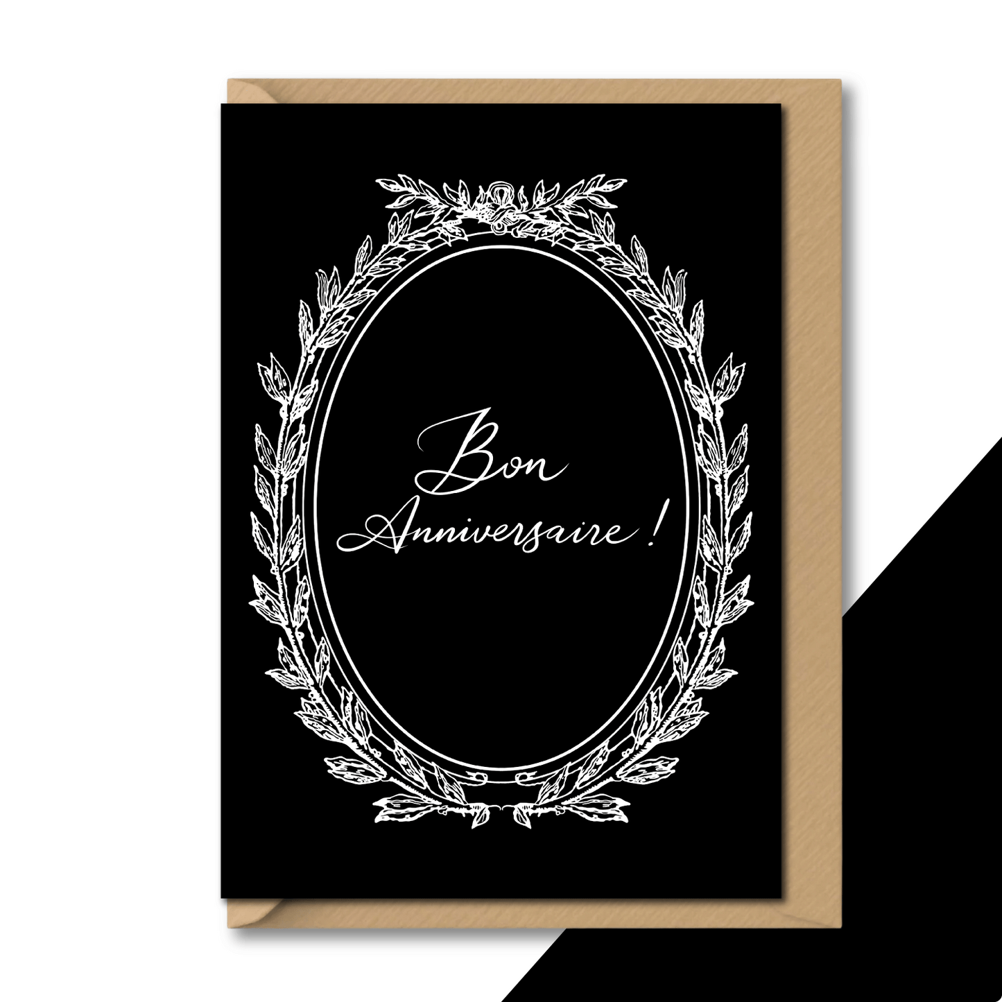 vintage birthday card for her black white bon anniversaire elegant flat lay on contrasting background with envelope