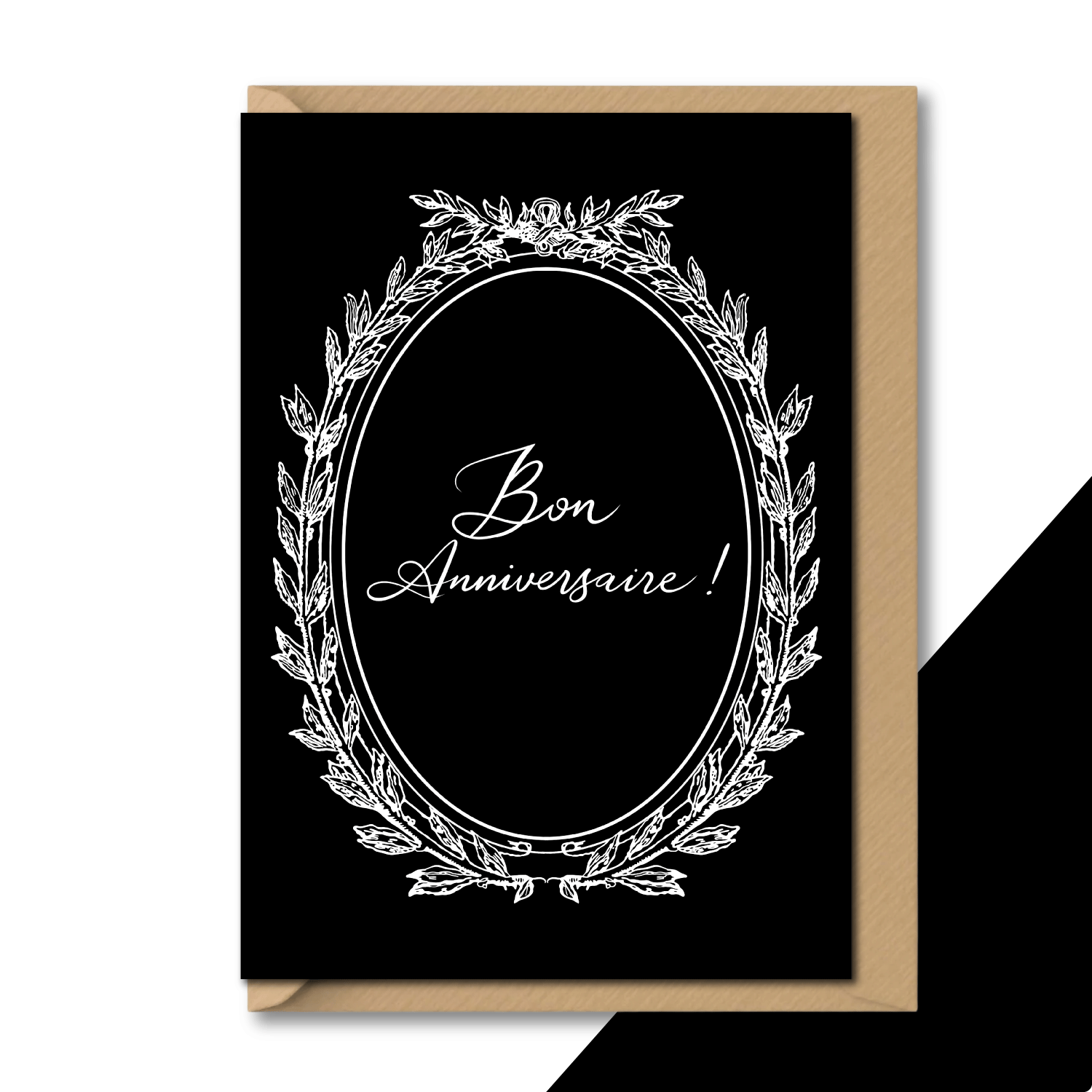 vintage birthday card for her black white bon anniversaire elegant flat lay on contrasting background with envelope