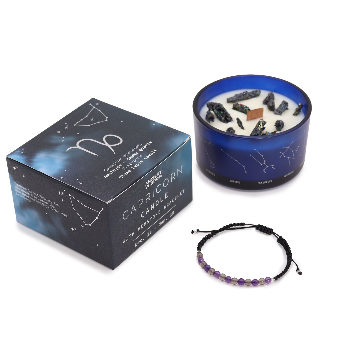 Zodiac Capricorn Crystal Candle with Gemstone Bracelet Gift