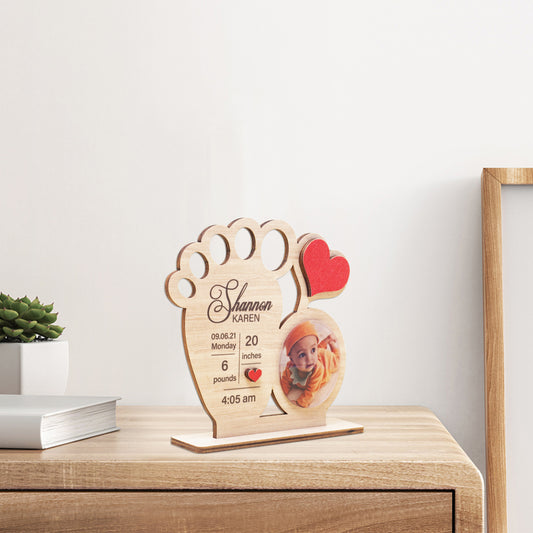 Wooden pet memorial with photo and text on a wooden surface Personalised New Baby Photo Foot Keepsake Gift