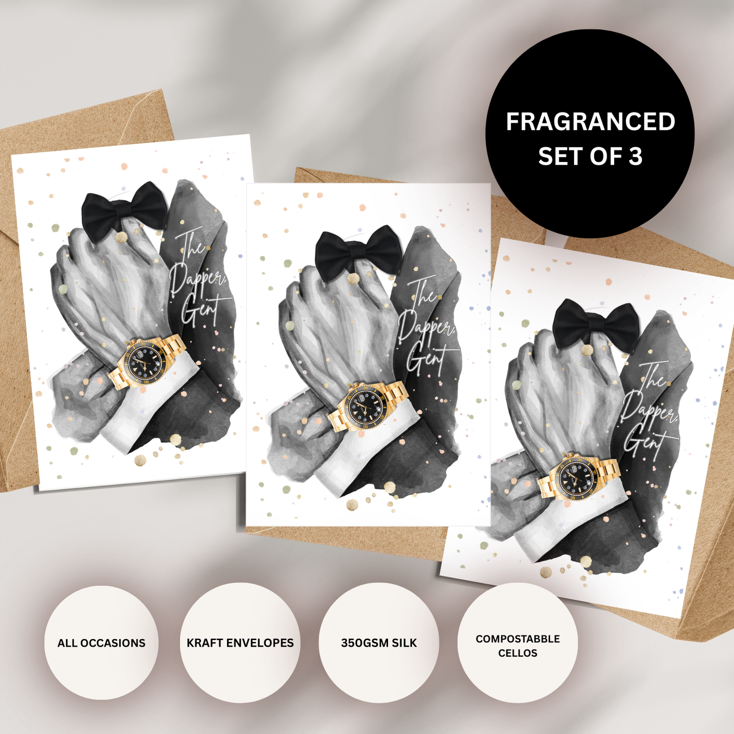 Set of 3 Dapper Gent Mens Watch Cards for Him (A5 Card with envelope)