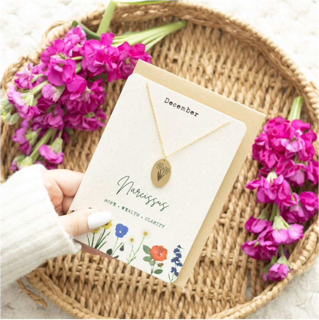 December Birthday Flower Necklace Card - The Narcissus Flower