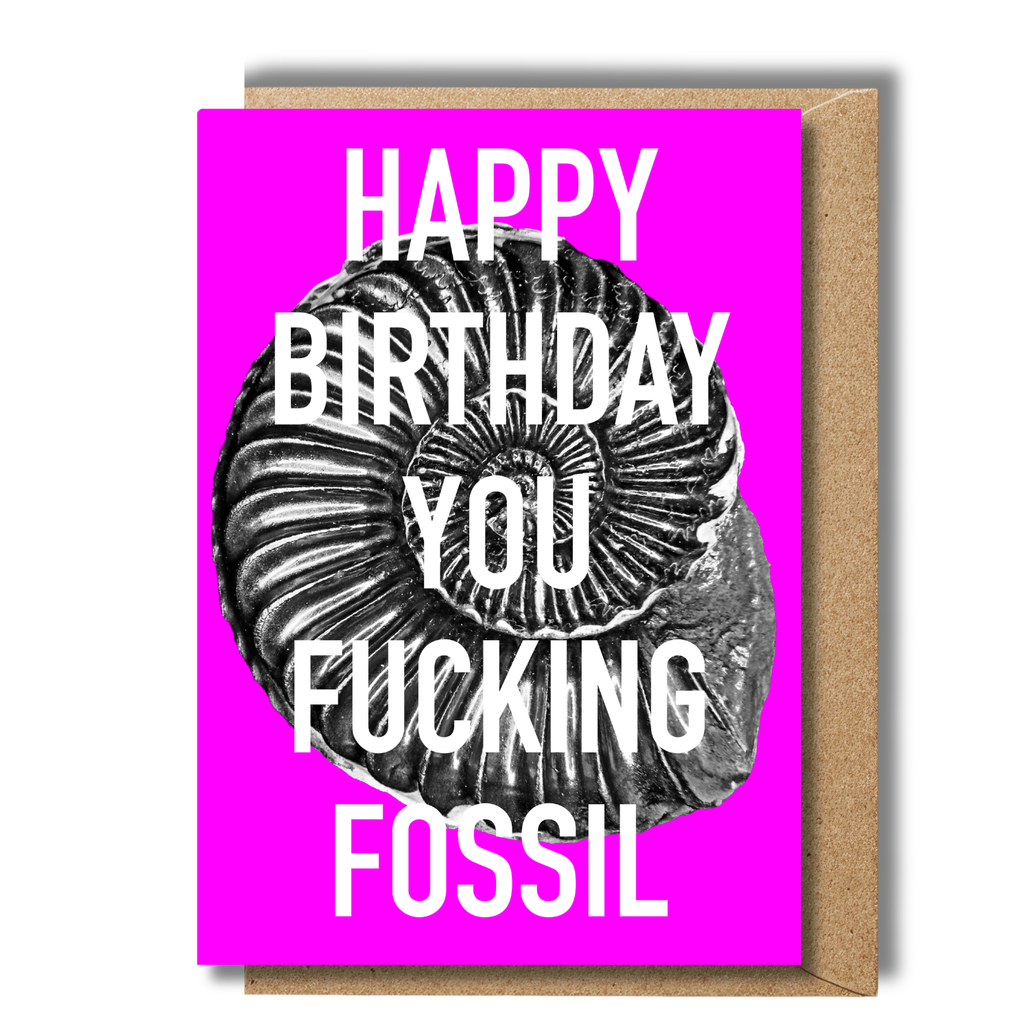 Birthday card with fossil illustration and text on pink background