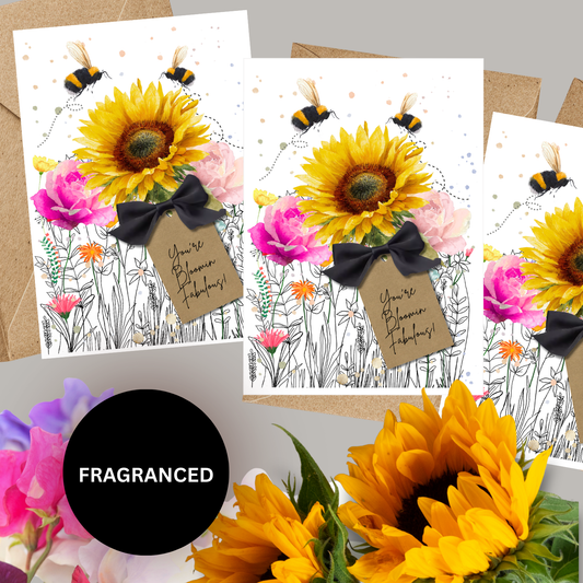Handmade flower cards set of 3 - Sunflower Momma Bloom Design with bees, wildflowers and a 3d satin bow fragranced with wildflower 