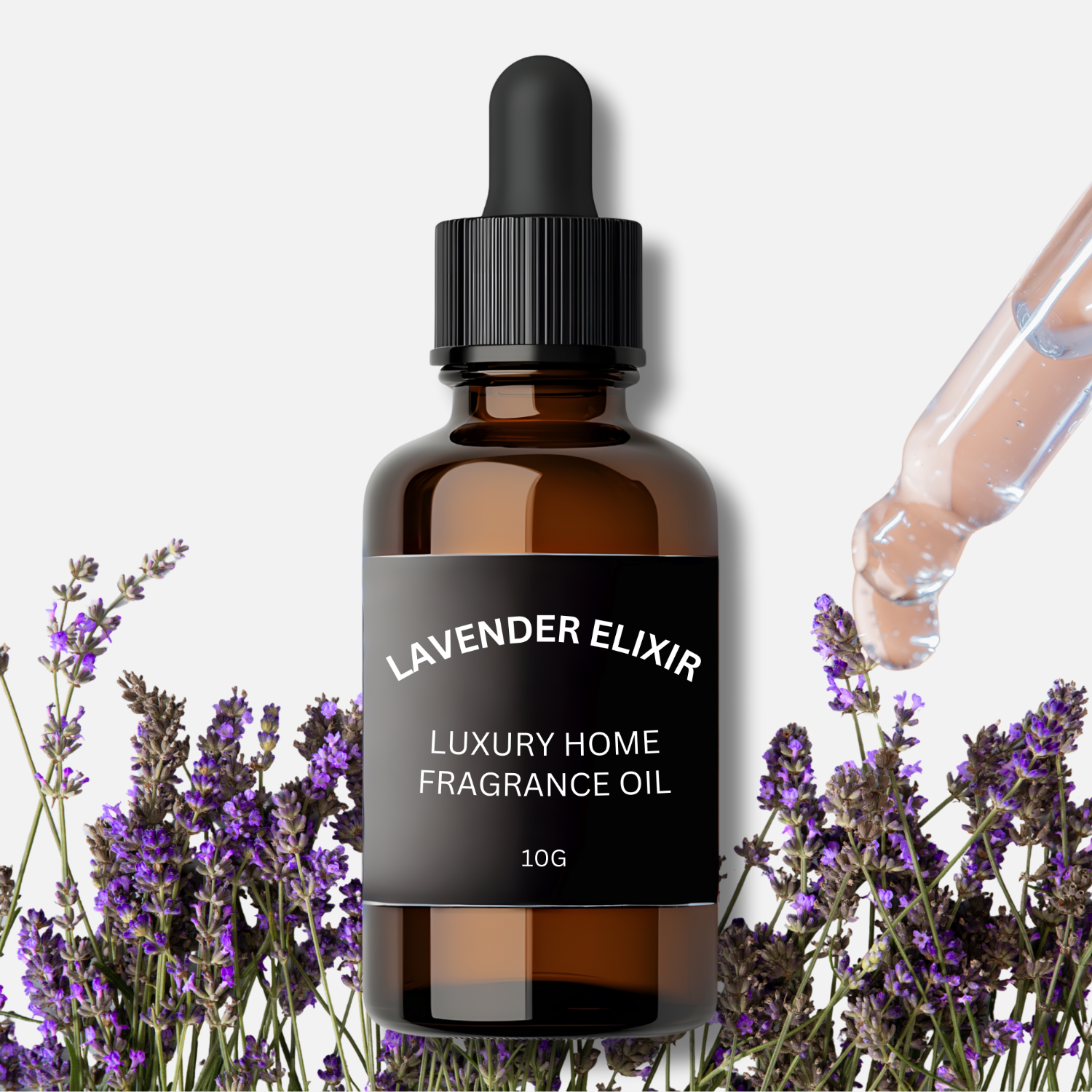 Bottle of Lavender Elixir luxury home fragrance oil with lavender flowers on a white background