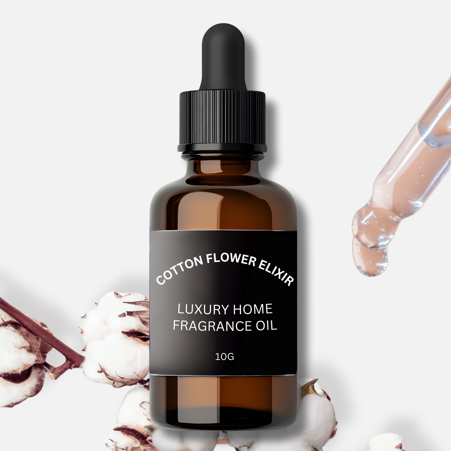 Bottle of Cotton Flower Elixir luxury home fragrance oil with cotton flowers in the background