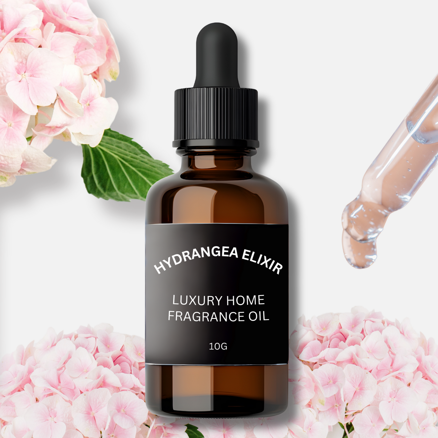 Bottle of Hydrangea Elixir luxury home fragrance oil with flowers in the background